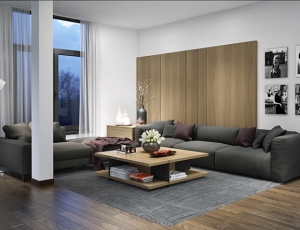 Phòng khách trung tính với sự kết hợp của gỗ và những điểm nhấn màu xám
