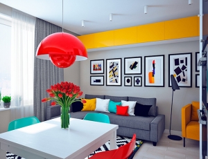 Thiết kế nội thất phòng khách bếp nhiều màu sắc