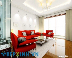 Thiết kế nội thất phòng khách với hai màu trắng đỏ