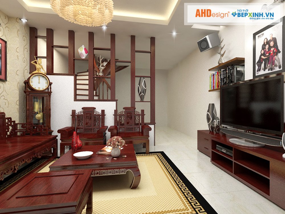 Thiết kế nội thất phòng khách gỗ tự nhiên nhà anh Minh – Văn Phú